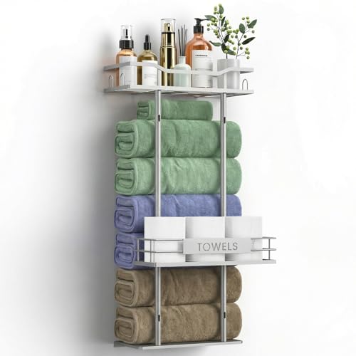 Towel Racks for Bathroom, 30inch Wall Mounted Towel Rack, Towel Storage for Small Bathroom Can Holds 6 Large Towels, Floating Shelf with Adjustable Tissue Basket(Sliver). - color: Sliver