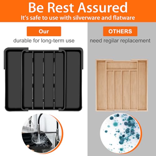 Spaclear Kitchen Silverware Organizer for Drawer - Expandable Silverware Drawer Organizer Adjustable Utensil Drawer Holder, Flatware Cutlery Tray for Spoons Forks Kitchen Organizers Storage,Black, S - color: Black, size: S(9.5-15.2"W x 12.6"D)