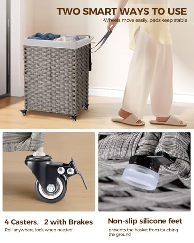 Greenstell Laundry Hamper with Wheels, No Install Needed, 90L Divided Handwoven Hampers & 2 Removable Liner Bags, Rattan Clothes Laundry Basket with Lid & Handles, Foldable Hampers Gray 18x13x26.4 In - color: Gray, size: 90L: 18.3x13.5x26.4 Inches