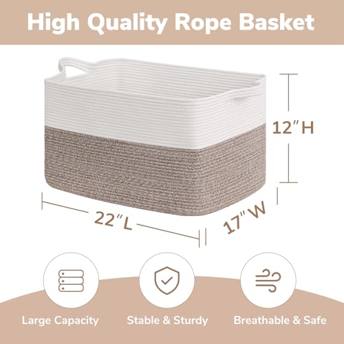 Goodpick Large Blanket Basket 22" x 17" x 12" Woven Storage Baskets for Organizing, Rectangle Baby Toy Storage Basket with Handles, Dirty Clothes Basket for Bedroom - color: Brown, size: 22"L x 17"W x 12"H