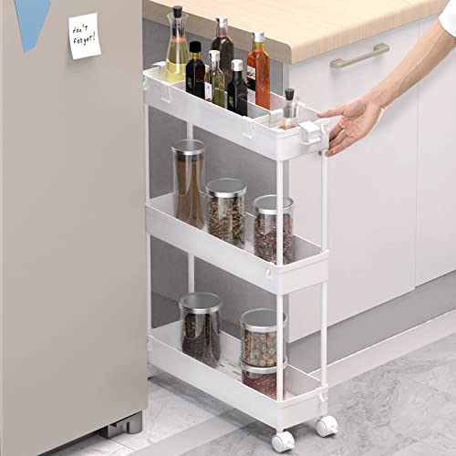 SPACELEAD Slim Storage Cart 3 Tier,Bathroom Organizer Rolling Utility, Mobile Shelving Unit Slide Out for Office, Kitchen, Laundry Room & Narrow Places,White - color: White