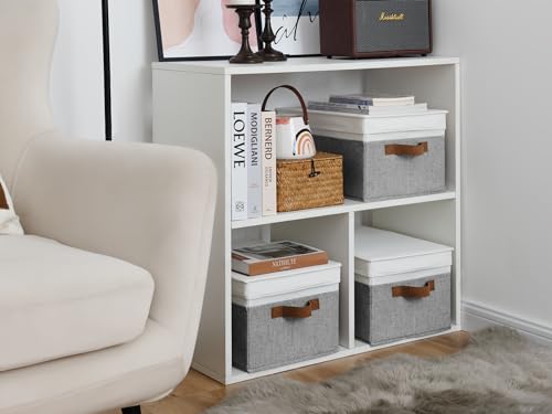 StorageWorks Decorative Storage Boxes with PU Handles, Storage Bins with Lids, Foldable Storage Baskets for Closet, Shelves, Stackable, Gray and White, 3-Pack - color: Gray and White, size: Large