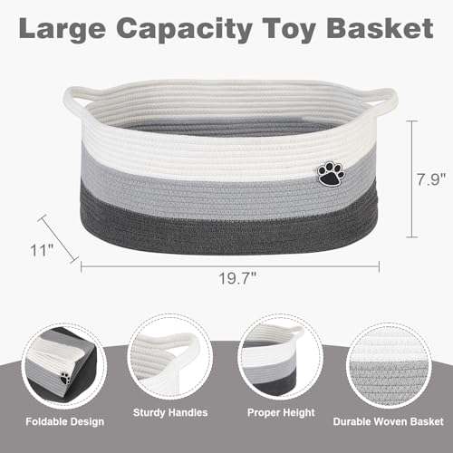 Optish Dog Toy Basket, Toy Box and Bin for Dog Cat Storage, 19.7" X 11" X 7.9" (30L) Large Woven Basket for Blanket Storage, Rope Baskets for Living Room, Bedroom, White & Grey - color: White-Grey, size: 19.7"L x 11"W x 7.9"H (30L)