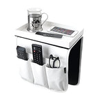 Anti Slip Armchair Caddy w/Detachable Wooden Snack Tray PU Leather Armrest Cup Holder Couch Arm for Recliner w/ 1 Big Pocket, 3 Small Pockets, Remote Control (White), 10.5Wx30L - color: White