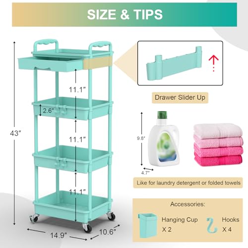 Goovilla 4 Tier Rolling Utility Cart Organizer with Removable Drawer, Stable and Sturdy Blue Rolling Storage Carts with 2 Lockable Wheels for Bathroom, Kitchen, Snack, Craft, Makeup, Baby Essentials - size: 4 Tier, style: Blue
