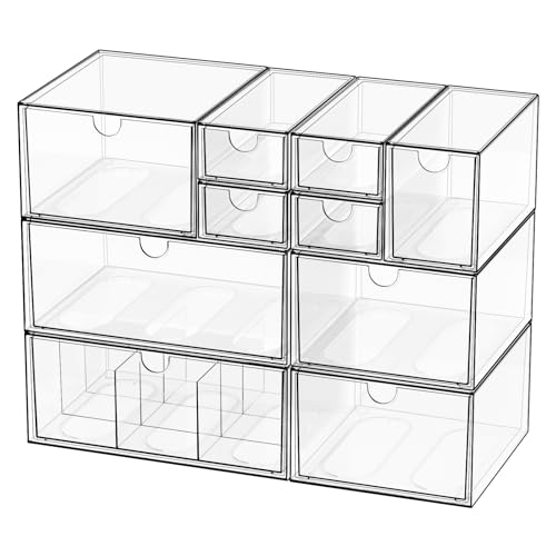 Desk Organizer Set, Clear Stackable Dustproof Storage Boxes for Desktop, Office, DIY Craft & Vertical Space Saving, Perfect for Makeup, Stationery, Jewelry Organization (10 Drawer) - size: 10 drawer clear