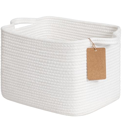 Goodpick Rope Basket, Storage Baskets for Organizing, Rectangle Baby Nursery basket with Handles, Small Woven Basket for Shelves, Living Room, 13 x 10 x 9 Inches, White - color: White, size: 13"L x 10"W x 9"H