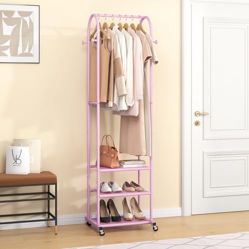Kaitiemoo Heavy Duty Clothing Rack with Wheels,Modern Garment Rack with 3 Metal Shelves, 71.8Inches Display Rack for Hanging Clothes, Hanging Rod for Small Space,Pink - color: Pink