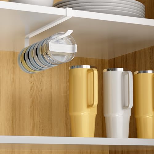 Quehun 2 PCS Tumbler Lid Organizers, Ample Lid Capacity Up to 30 Lids, No Adhesive No Drill Yeti Lid Organizer Holder Inside Cabinet, Space-Saving Stanley Tumbler Cup Lid Holder Organizer for Kitchen - color: White
