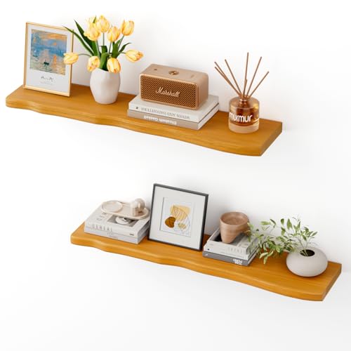 Floating Shelves for Wall Rustic Farmhouse 36 Inch Floating Shelf Bathroom Wooden Shelves for Wall Mounted Live Edge Pine Shelf with Unique Natural Grain for Bedroom Kitchen (Honey Walnut) - color: Honey Walnut, size: 36 inch - 2pcs