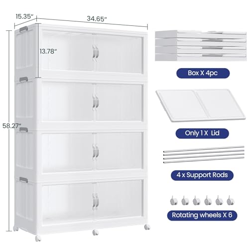 960QT Extra Large Stackable Storage Bins with Lid & Wheels & Doors, 240Gal Foldable Collapsible Closet Organizers, Plastic Cabinet Box Container Drawer for Home Kitchen Bedroom, 4Pack White - size: 240QT, style: 4Pack