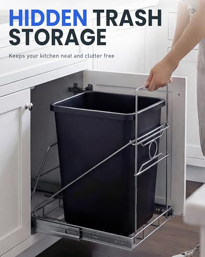 Pull Out Trash Can Under Cabinet Adjustable Trash Can Holder for 7 to 11 Gallon Bin Bottom Mount Slide Out Trash Rack for Narrow Cabinets(Silver, No Bin Included) - color: Silver