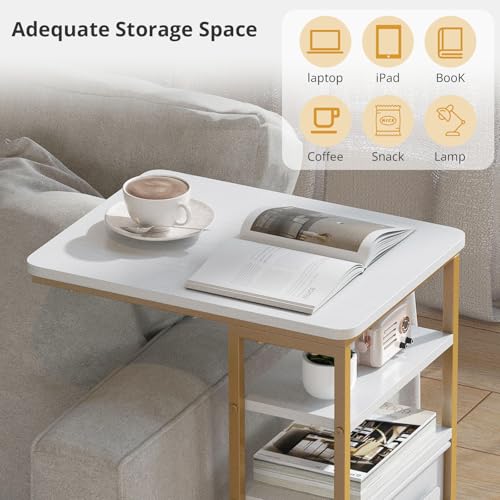 C Shaped End Table 28"(H) 3-Tier C Table with Storage Bag, Under Couch Table C-Shaped End Table with Storage Shelves and Bag for Living Room, Bedroom, or Office - color: Gold, size: Wood