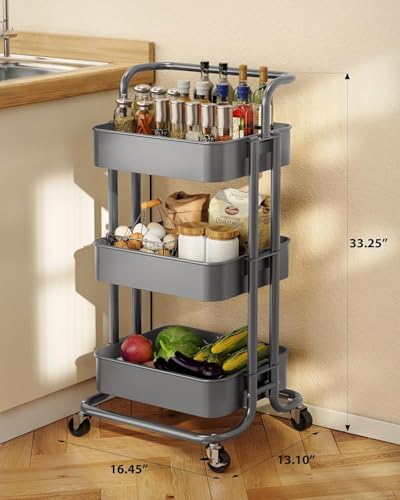 Pipishell 3 Tier Mesh Utility Cart, Rolling Metal Organization Cart with Handle and Lockable Wheels, Multifunctional Storage Shelves for Kitchen Living Room Office Grey - color: Gray, size: 3-Tier