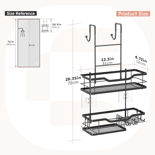 Consumest Over Door Shower Caddy - 2 Tier Shower Shelves Hanging with Soap Holders, Large Capacity Shower Organizer with 4 Hooks, Bathroom Rack and Storage, Black - color: Black, size: 2 Tier