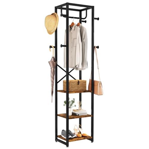 IBUYKE Coat Rack with Shelves, Freestanding Hall Tree with 3 Shelves and 8 Hooks, Industrial Clothes Stand for Entryway, Hallway, Bedroom, Rustic Brown UTMJ088H - color: Rustic Brown