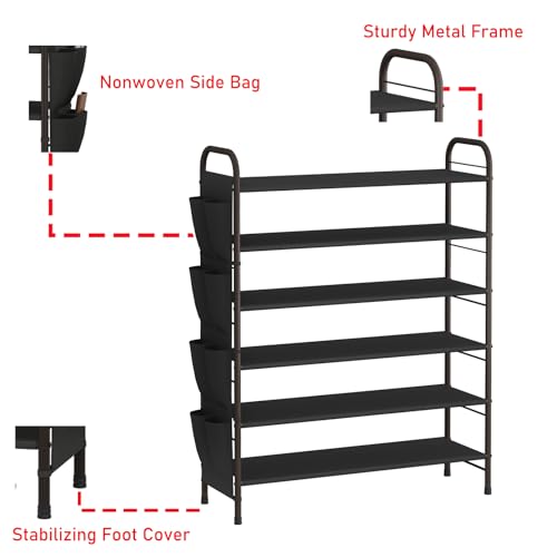 SUOERNUO Shoe Rack Storage Organizer 6 Tier Free Standing Metal Shoe Shelf Shoe Organizer with Side 8 Shoes Pockets for Entryway Closet Bedroom,Bronze - color: Bronze, size: 6 Tier