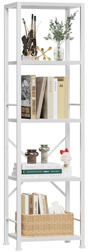 Furologee White Bookshelf 5 Tier Bookcase, Tall Narrow Bookshelves, Modern Freestanding Shelf Units, Metal and Wood Display Storage Corner Shelves Organizer for Bedroom, Living Room, Office, Bathroom - color: White, size: 5 Tier - 15.3"W