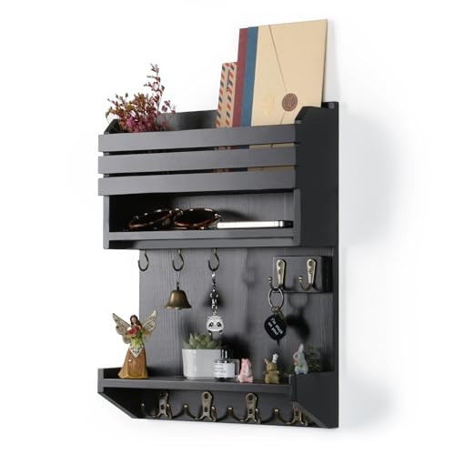 Key Holder, Wall Mounted Mail Organizer, Keys Holder on Wall with 9 Key Hooks, Black - color: Black