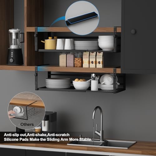 AmonHouseware 2Pack Under Shelf Basket, Adjustable Hanging Under Cabinet Shelf Storage, Hanging Holder Length Stretchable 14.9-22.6Inch for Kitchen Pantry Desk Counter Bookshelf Cupboard (Black) - color: Black