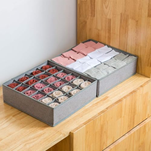 Qozary 2 Pack Socks Underwear Drawer Organizer Divider, 24 Cell or 16 Cell Collapsible Cabinet Closet Organizer Storage Boxes for Clothes, Socks, Lingerie, Underwear, Ties - color: Grey, size: 24 Cells