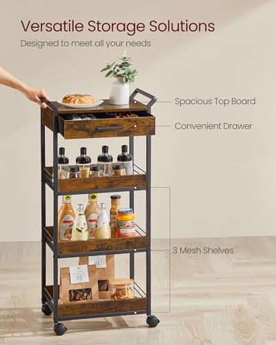 VASAGLE Storage Cart, 4-Tier Rolling Utility Cart with Table Top, Handles, 4 Lockable Casters, Top Drawer, Mesh Shelves, for Kitchen, Bathroom, Bedroom, Rustic Brown and Ink Black ULRC049K01 - color: Rustic Brown + Ink Black, size: 4 Tiers (37.8"H )