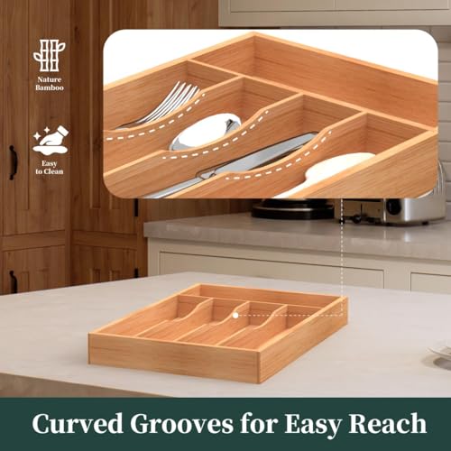 Bamboo Silverware Organizer, Kitchen Drawer Organizer, Utensil Holder, Cutlery Tray & Spoon Flatware Storage with Grooved Drawer Dividers (9.5''W x 13.5''D) - color: Natural, size: 9.5''W x 13.5''D