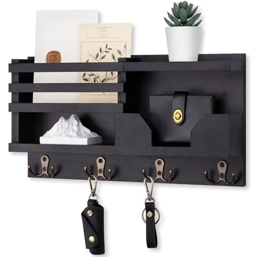 Lwenki Mail and Key Holder for Wall – Decorative 15.9” x 8.7” x 3.2” Entryway Organizer with Shelf – Paulownia Wood with 4 Dual Hooks Includes Mounting Hardware and Installation Guide - color: Black