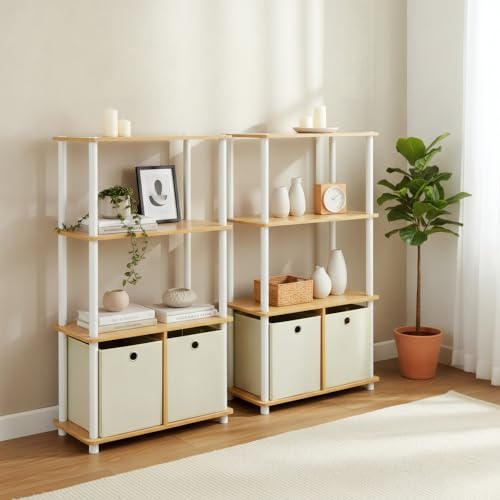 Furinno Go Green 4-Tier Multipurpose Storage Rack Shelving Unit with Bins (Set of 2), Beech - color: Beech/White, size: 4-Tier with Bin (Set of 2)