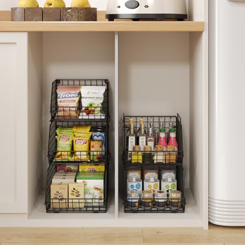X-cosrack Stackable Wire Baskets for Counter, Fruit and Vegetable Storage, Potato and Onion Storage Bin，Kitchen Pantry Organizer - Wall Basket for Produce/Snack/Can, 3-tier Large, Black - size: 3-tier Large