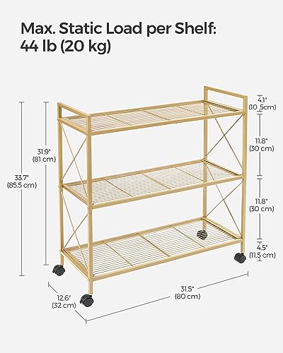 SONGMICS 3-Tier Metal Storage Rack with Wheels, Mesh Shelving Unit with X Side Frames, 31.5-Inch Width, for Entryway, Kitchen, Living Room, Bathroom, Industrial Style, Metallic Gold UBSC183A01 - color: Metallic Gold, size: 31.5"W