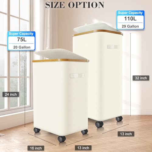 Laundry Hamper with Wheels,29 Gal (110L) Laundry Basket with lid Rolling Clothes Hamper Foldable Dirty Clothes Basket on wheels with Bamboo Frame and Bag for Bedroom, Dorm, Laundry Room-White - color: off White, size: 110 L