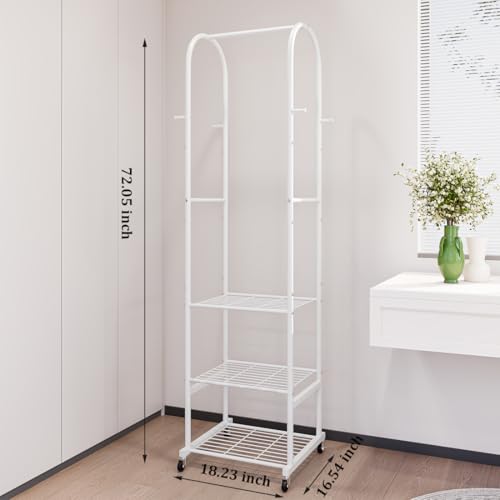 SUOERNUO Clothes Rack With Wheels and 3-Tier Metal Shelves,Clothing Rack For Hanging Clothes With 4 Hooks,Garment Rack Wardrobe Organizer for Small Space,Black (white, 16.54 * 18.23 * 72.05) - color: white