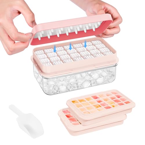 PHINOX Ice Cube Tray with Lid and Bin, Ice Trays for Freezer, Flexible Ice Cube Trays, Making 56 pcs Ice Cubes, Chilling Cocktail, Whiskey, Coffee, with 2 trays, Ice Container, Scoop&Cover, BPA Free - color: Pink, size: 0.8"-2tier