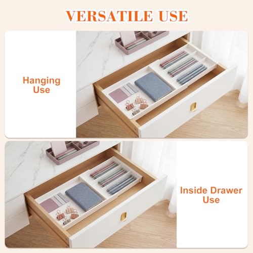 Briwooody Expandable Drawer Tray with Adjustable Dividers, 12.6-19.96 Inch Hanging Sliding Desk Organizer, 1.18'' Deep White Office Storage for Pens Paper Clips Sticky Notes Tape, Desk Accessories