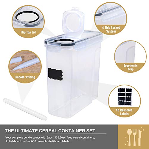 FOOYOO Cereal Containers Storage Set - 3 Piece Airtight Large Dry Cereal Container (135.2oz), BPA Free Dispenser Plastic Cereal Storage Containers with 16 Labels & Pen - color: 3 Piece