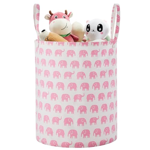 Large Storage Basket for Girls and Boys, Collapsible Laundry Hamper with Long Handles, Toy Bins for Nursery, Kids Room Décor Pink Elephant - color: Pink Elephant, size: 1 Pack