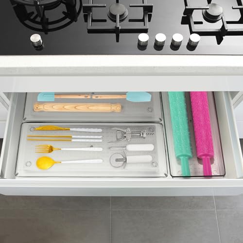 Ohlove 6 Pcs Large Clear Plastic Drawer Organizers Tray 15" x 6.3" Storage Bins with 25 Pcs Non-Slip Pads for Makeup, Jewelries, Kitchen Utensils, Bathroom and Office - size: 15"x6"