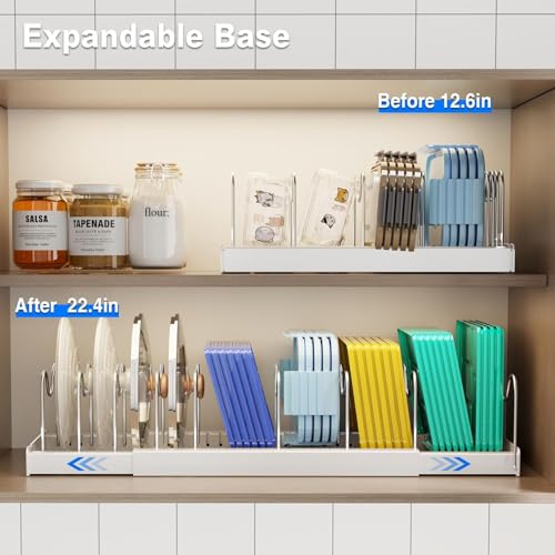 Mustorn Pots and Pans Organizer Under Cabinet, 22" Expandable Food Storage Container Lid Organizers with 9 Adjustable Dividers Pot and Pan Lid Holders Rack Inside Cabinet/Countertop(1 Pack, White) - color: White(Expandable), size: 1 Pack