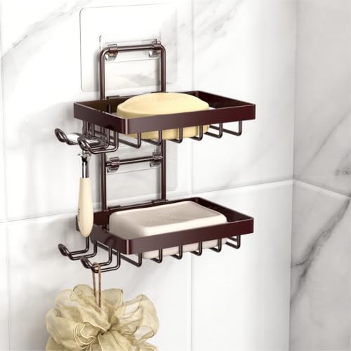 Moforoco Brown Double Soap Bar Holder for Shower, No Drilling, 304 Stainless Steel, Wall Mounted Soap Holder with 4 Hooks and Razor Holder, Shower Rack Soap Tray Bar Soap for Bathroom Accessories - color: Brown, size: 2-T
