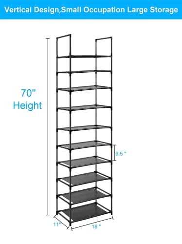 10 Tier Metal Shoe Rack for Entryway, Closet, Bedroom, Narrow Tall Shelf Organizer for Space Saving Storage, Hold 18-22 Pairs of Shoes, Easy Assembly - size: 10 Tier