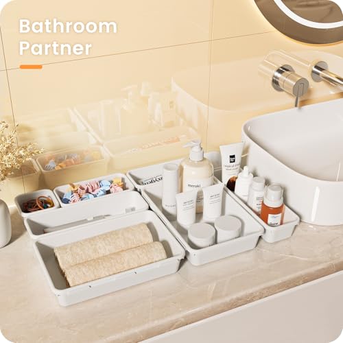 A-LuGei 【𝟮𝟴𝗣𝗖𝗦】 【𝟱𝗦𝗶𝘇𝗲】 White Drawer Organizer, Makeup organizer, 【Holds 177 Items】 Bathroom Organizers and Storage, Plastic Desk Organizer Divider, Organizer Bins for Office Vanity - color: White