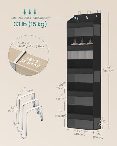 SONGMICS Over-the-Door Organizer, 5-Tier Door Hanging Storage Shelf, Heavy-Duty Closet Hanging Organizer Foldable, Transparent, Pockets, Metal Hooks, Ink Black URDH010BH01 - color: Ink Black