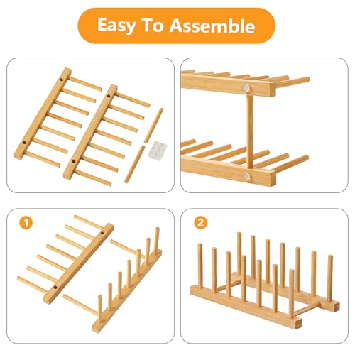 HBlife 2pcs Bamboo Dish Plate Bowl Cup Book Pot Lid Cutting Board Drying Rack Stand Drainer Storage Holder Organizer Kitchen Cabinet（Keep Dry） - color: Bamboo 6 Slots 2pcs