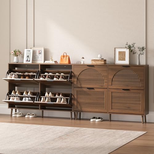BORNOON Shoe Cabinet for Entryway with 4 Flip Drawers, Slim Wooden Shoe Storage Organizer with Modern Fluted Pannel，Freestanding Narrow Hidden Shoe Rack for Hallway, Foyer, Living Room - color: Walnut, size: 4 Flip Drawers