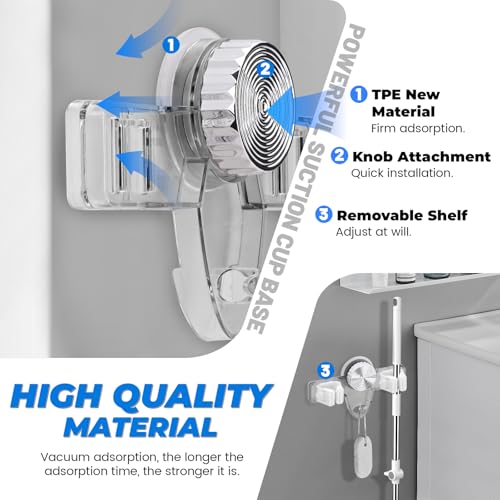 LELE LIFE 2 Pack Broom Holder Mop Hanger - Strong Suction Cup - No Drill Removable Broom Organizer Rack Wall Mount with Hooks for Bathroom Kitchen Garage, Clear - color: Clear