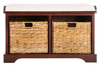 SAFAVIEH Home Collection – Freddy Cherry Storage Bench with Wicker Baskets & Cushion, Entryway Seating Bench, Fully Assembled (AMH5736E) - color: Cherry