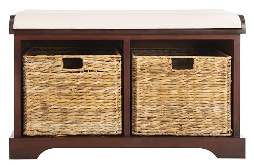 SAFAVIEH Home Collection – Freddy Cherry Storage Bench with Wicker Baskets & Cushion, Entryway Seating Bench, Fully Assembled (AMH5736E) - color: Cherry