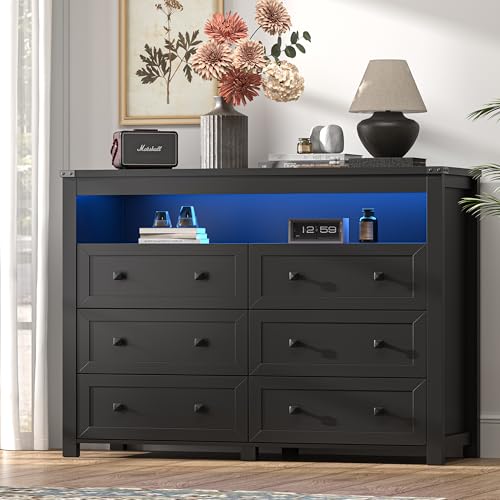 Dresser for Bedroom with 6 Drawers, Wide Chest of Drawers with LED Light and Power Outlet, Wooden Closet Organizer Clothes Storage Cabinet, Modern Double Dressers for Living Room, Hallway, Black - color: Black, size: 15.8"D x 47.2"W x 39.4"H (6 Drawers)