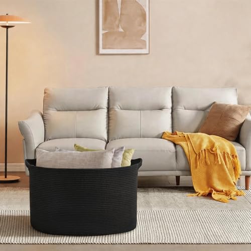 MEGASKET Extra Large Basket for Blankets, 23.6" x 17" x 12" Black Blanket Storage for Living Room, Big Cotton Rope Pillow Holder, Rectangle Kid Dog Toy Bin Box, Woven Laundry Basket, Shoe Bin Entryway - color: Black, size: 23.6"x17"x12